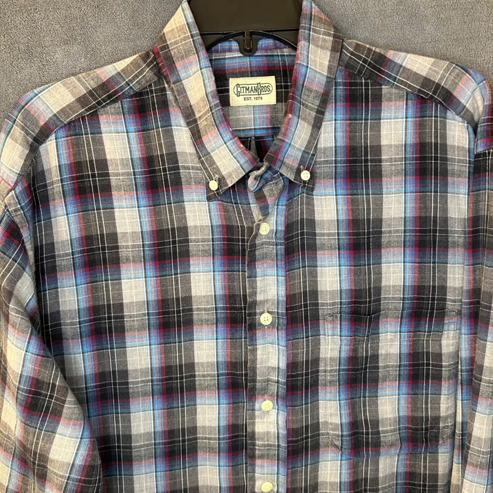 Gitman Bros Mens XL Plaid Flannel Button Down Shirt Blue Grey Made in USA